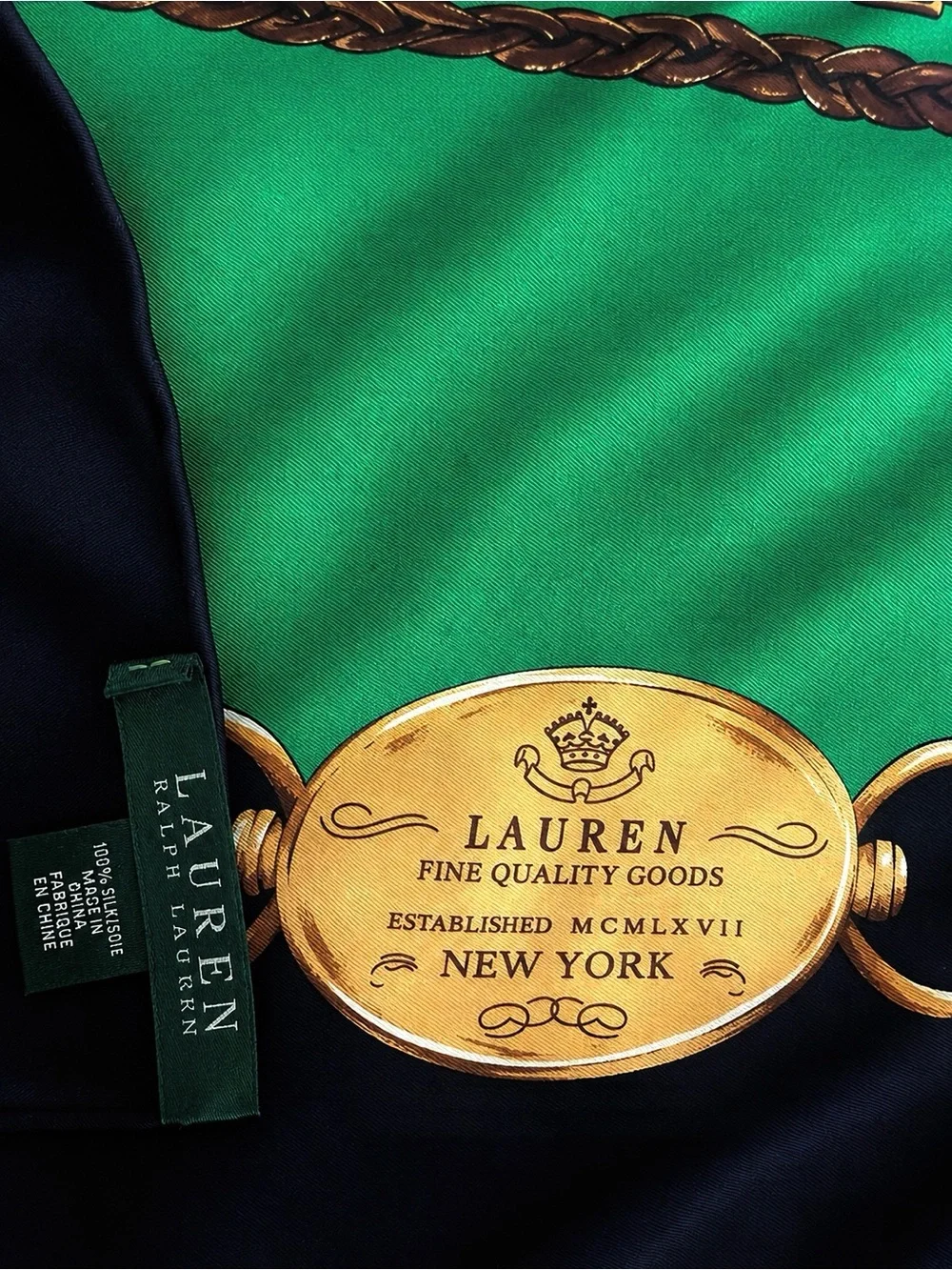 Lauren Ralph Lauren 100% Silk Equestrian Scarf Green Black Brown Horse Bit Scarf